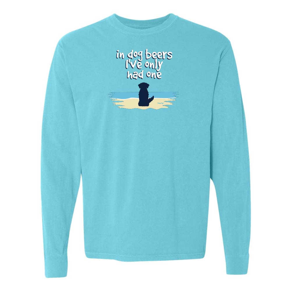 Blue Long sleeve shirt with a cute dog on a beach graphic and text reading "In dog beers I've only had one".