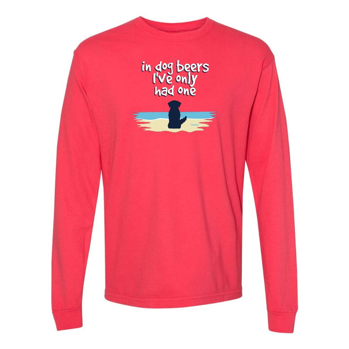 Red Long sleeve shirt with a cute dog on a beach graphic and text reading "In dog beers I've only had one".