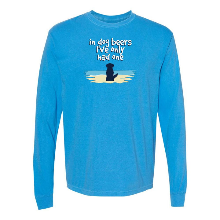 Blue Long sleeve shirt with a cute dog on a beach graphic and text reading "In dog beers I've only had one".