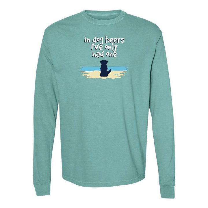 Teal Long sleeve shirt with a cute dog on a beach graphic and text reading "In dog beers I've only had one".
