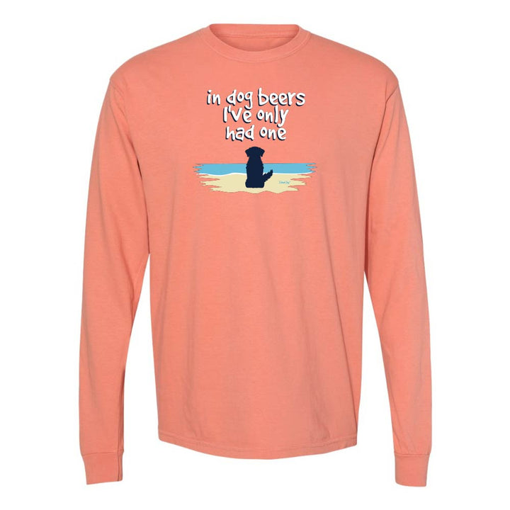 Light orange Long sleeve shirt with a cute dog on a beach graphic and text reading "In dog beers I've only had one".