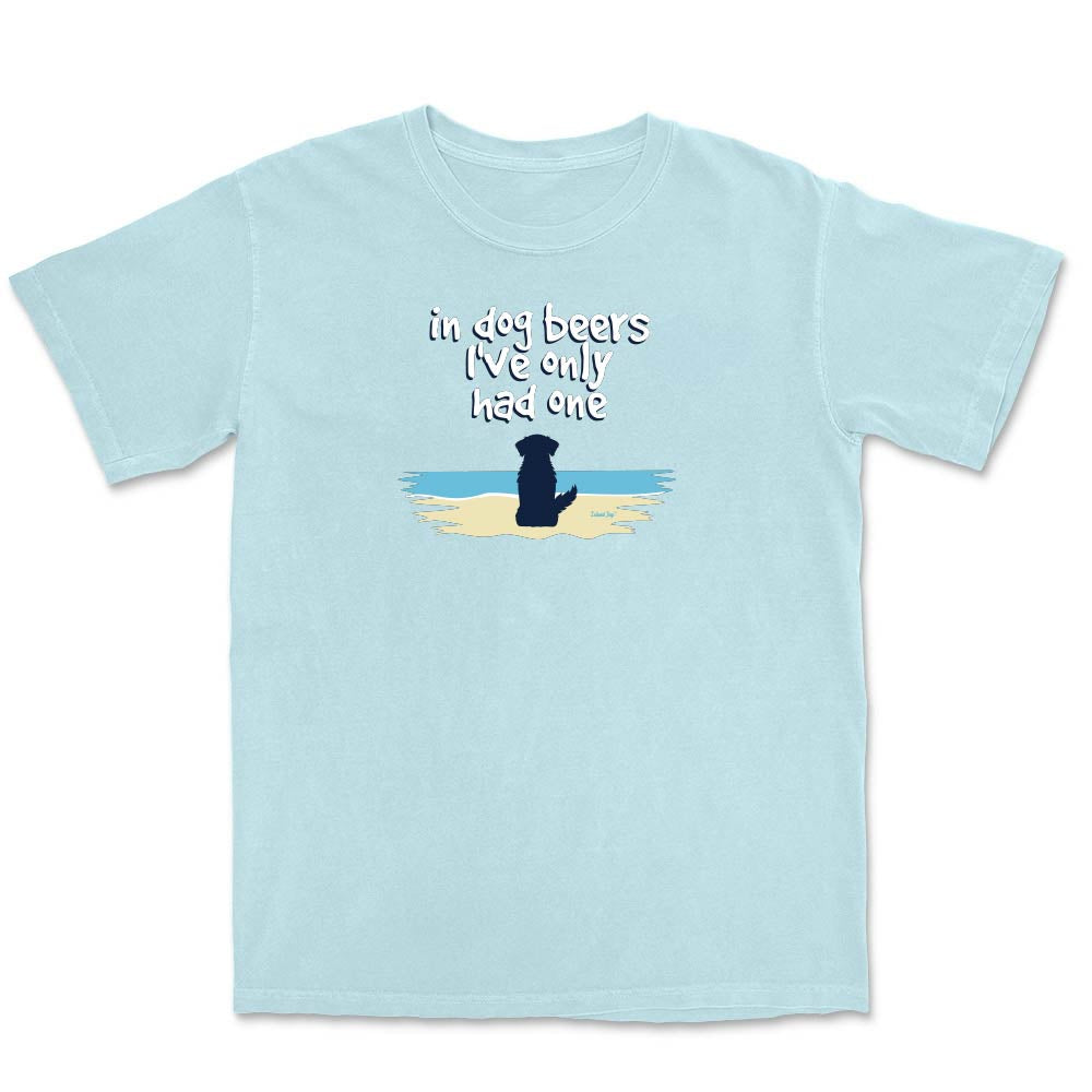 Light Blue t-shirt with a cute dog on a beach graphic and text reading "In dog beers I've only had one".