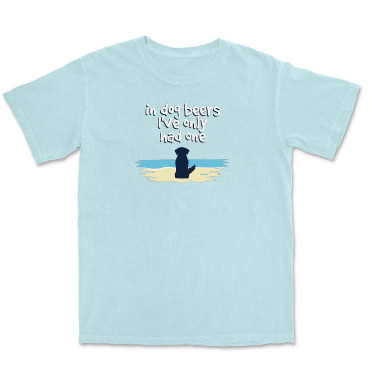 Light Blue t-shirt with a cute dog on a beach graphic and text reading "In dog beers I've only had one".