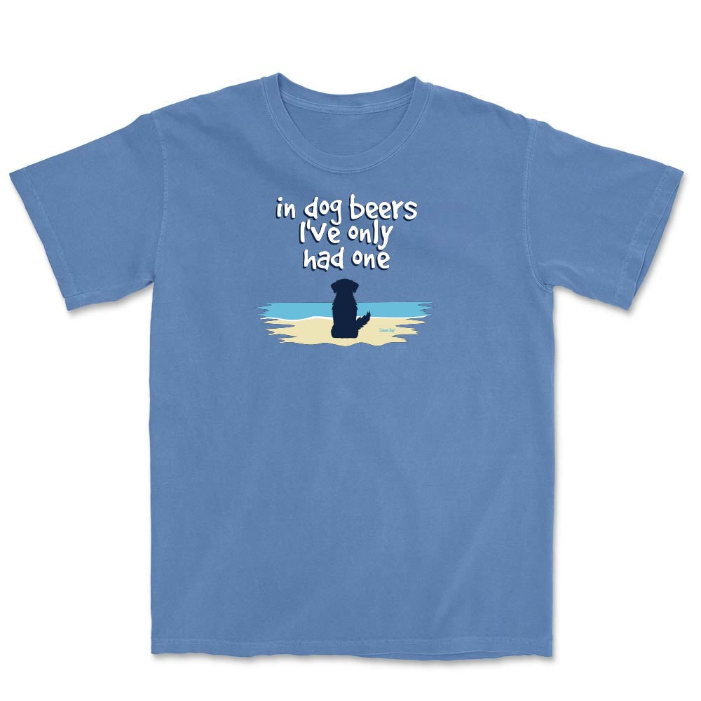 Blue t-shirt with a cute dog on a beach graphic and text reading "In dog beers I've only had one".