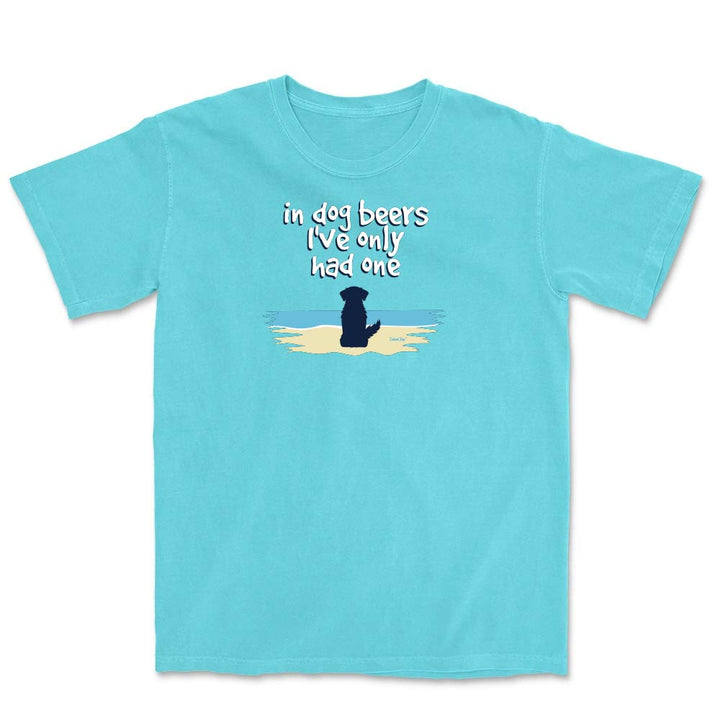 Light Blue t-shirt with a cute dog on a beach graphic and text reading "In dog beers I've only had one".