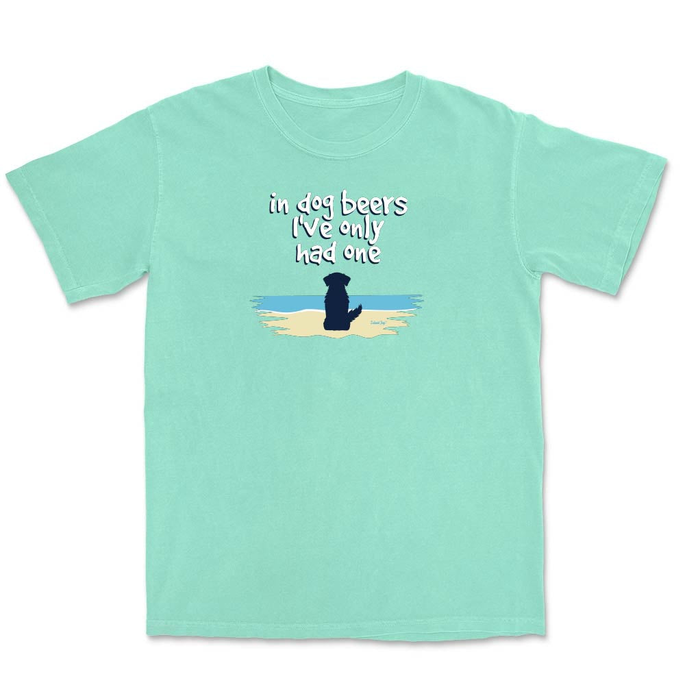 Mint green t-shirt with a cute dog on a beach graphic and text reading "In dog beers I've only had one".