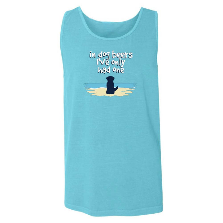 Blue tank top with a cute dog on a beach graphic and text reading "In dog beers I've only had one".
