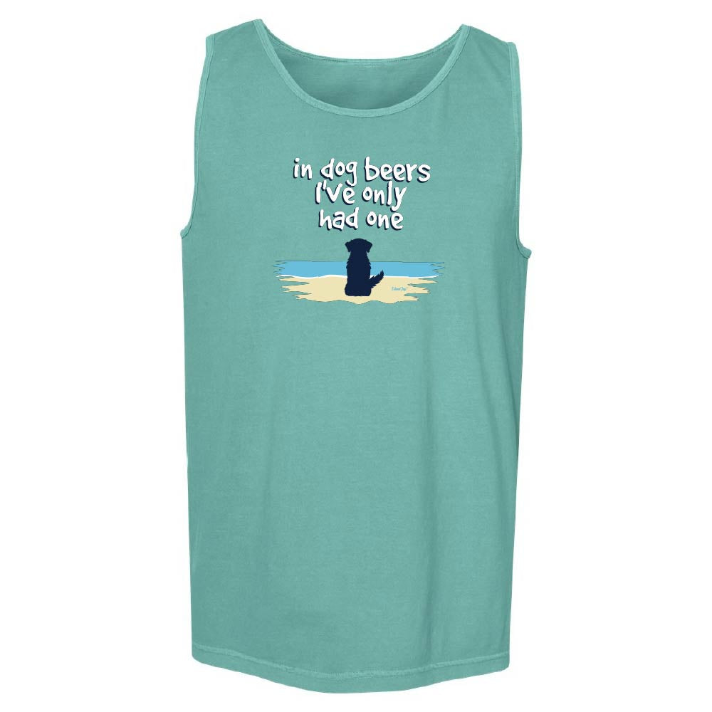 Teal tank top with a cute dog on a beach graphic and text reading "In dog beers I've only had one".