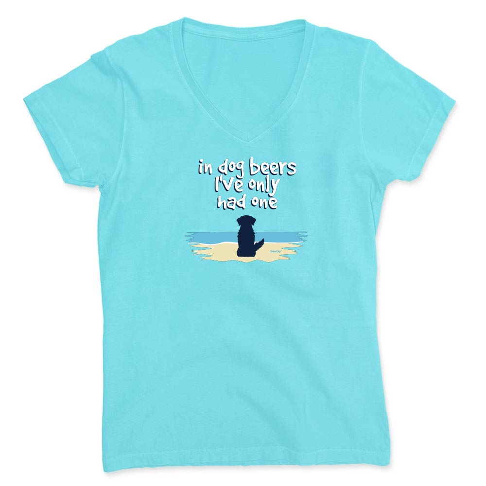 Light Blue v-neck t-shirt with a cute dog on a beach graphic and text reading "In dog beers I've only had one".