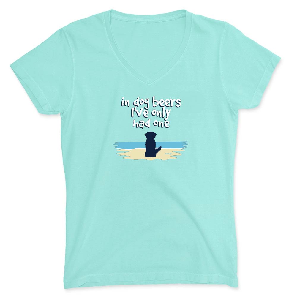 Mint green v-neck t-shirt with a cute dog on a beach graphic and text reading "In dog beers I've only had one".