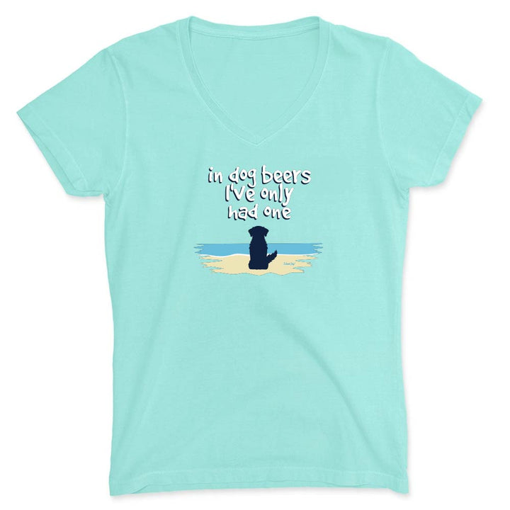 Mint green v-neck t-shirt with a cute dog on a beach graphic and text reading "In dog beers I've only had one".