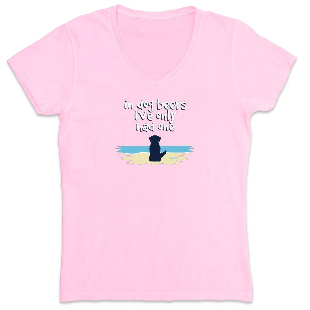 Light Pink v-neck t-shirt with a cute dog on a beach graphic and text reading "In dog beers I've only had one".
