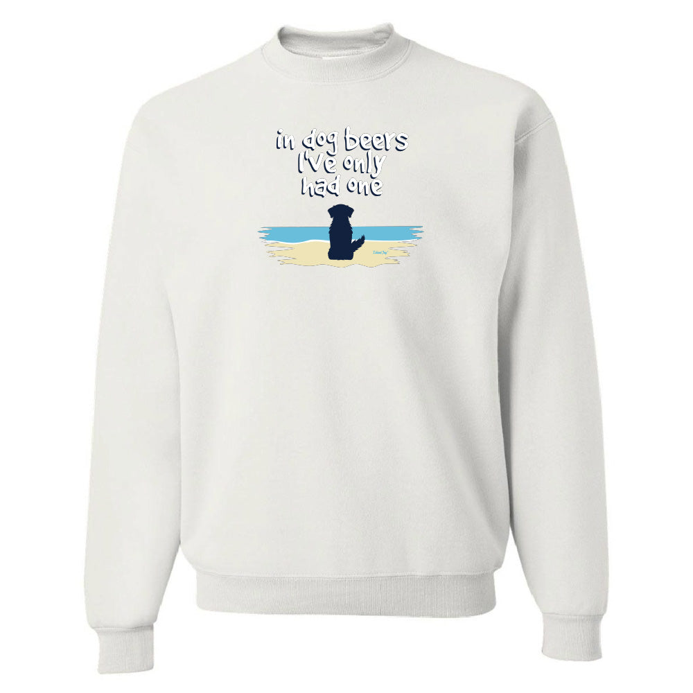 White sweatshirt with a dog and text design on a white background