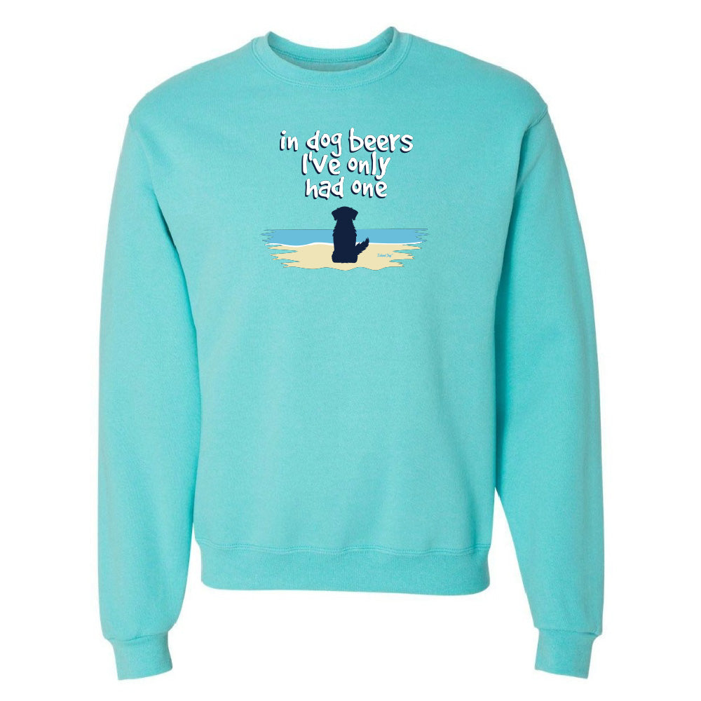 Turquoise sweatshirt with a dog graphic and text on a white background