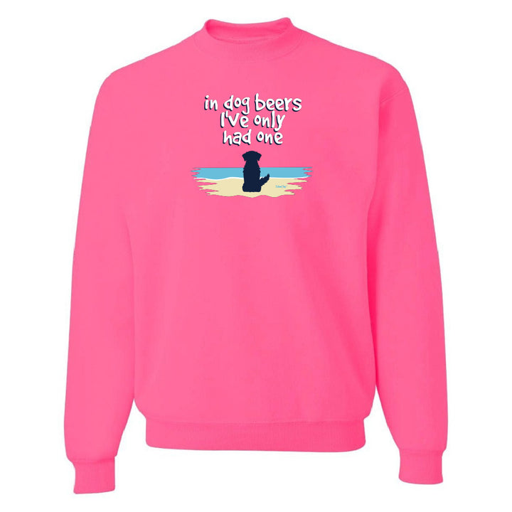Pink sweatshirt with a graphic of a dog and text on a white background