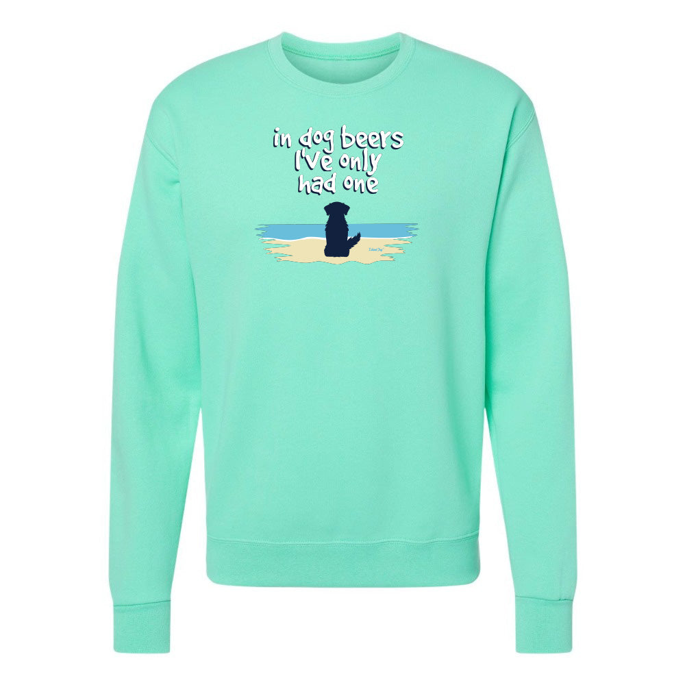 Mint green sweatshirt with a dog graphic and text on a white background
