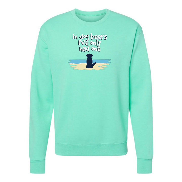 Mint green sweatshirt with a dog graphic and text on a white background