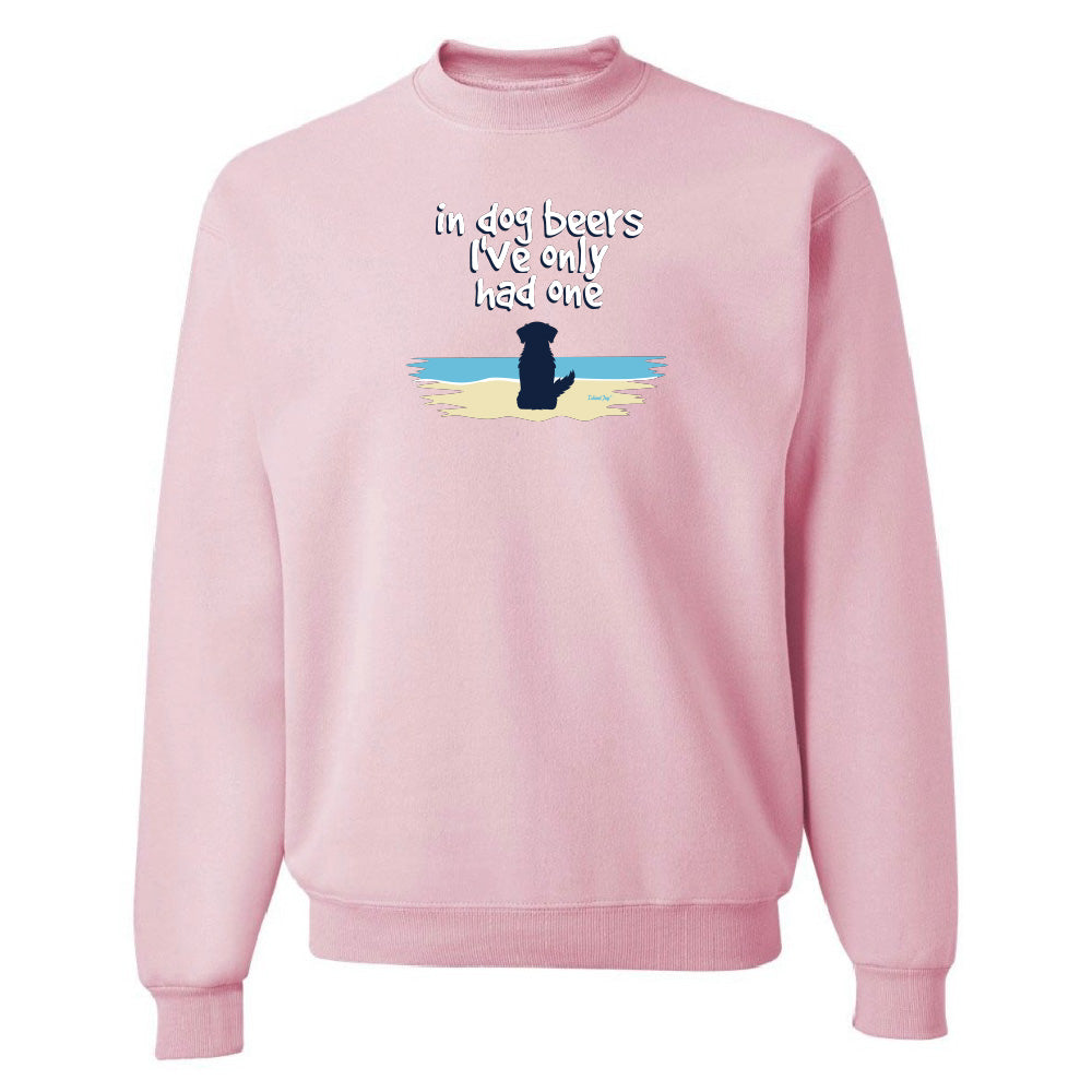 Pink sweatshirt with a graphic of a dog and text on a white background