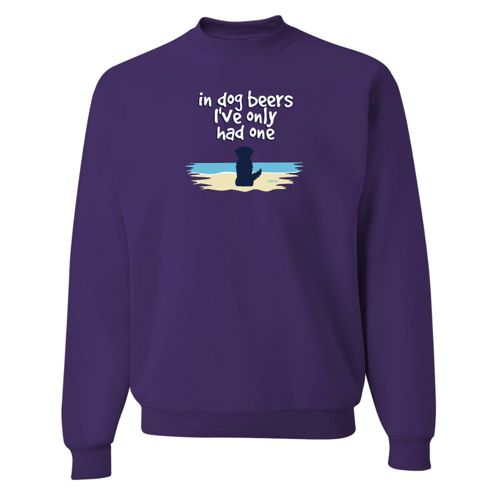 Purple sweatshirt with a graphic of a dog and text on a white background