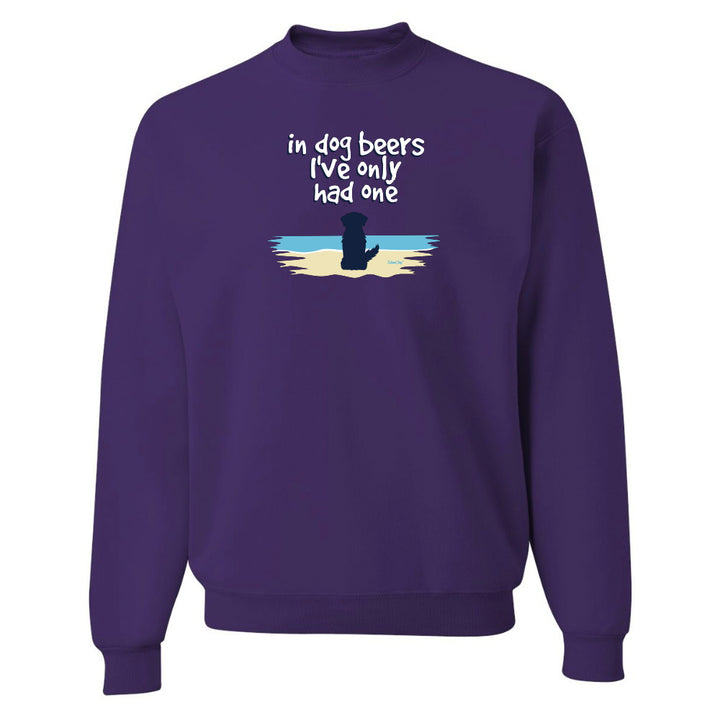 Purple sweatshirt with a graphic of a dog and text on a white background
