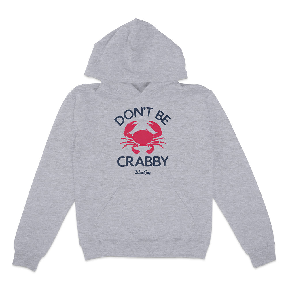 Gray hoodie with a red crab graphic and text on a white background