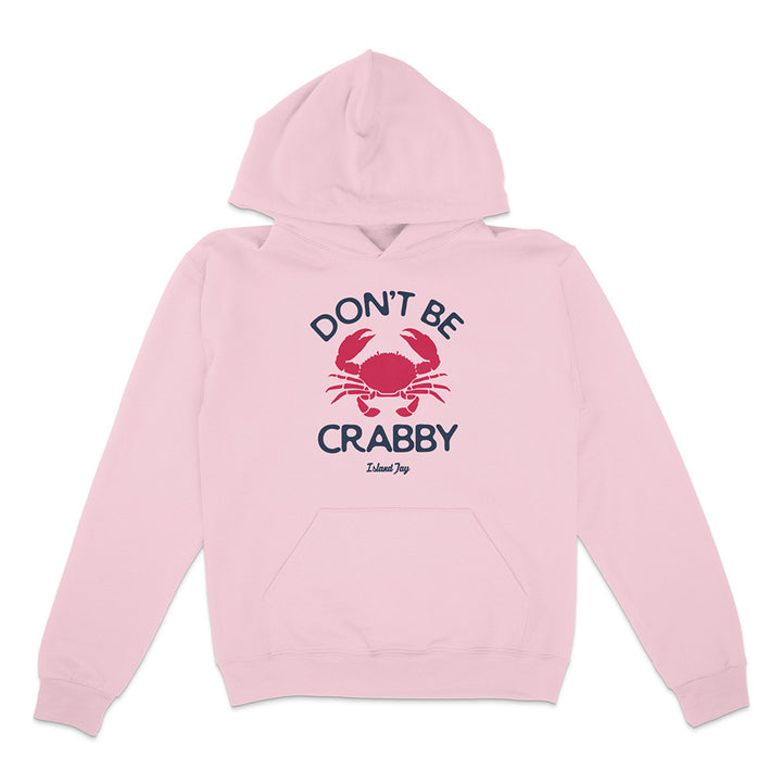 Pink hoodie with a crab graphic and text on a white background