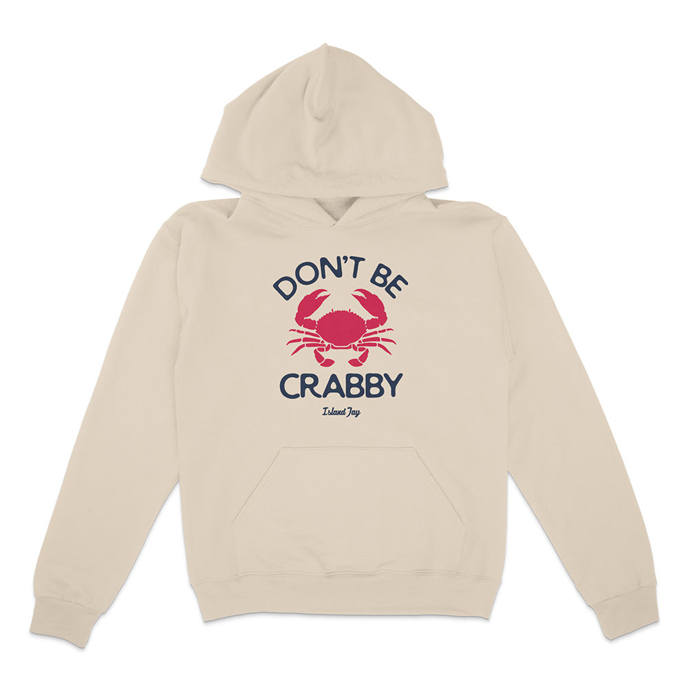 Beige hoodie with a red crab graphic and text on a white background