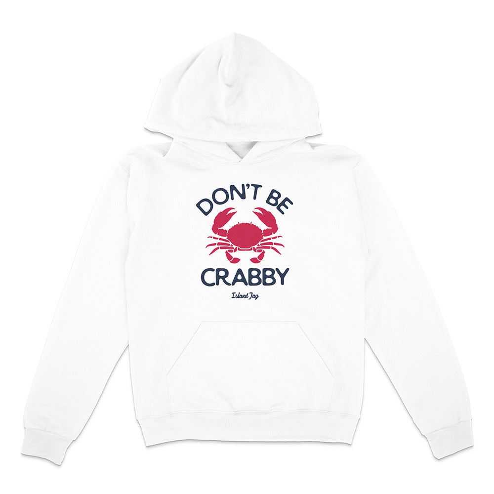 White hoodie with a red crab graphic and "Don't Be Crabby" text on a white background
