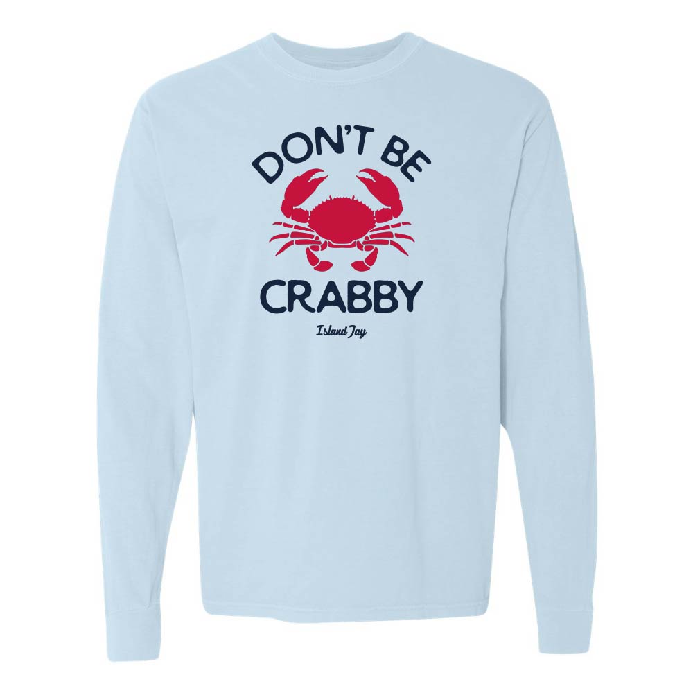 Light blue long sleeve with red crab graphic and text reading "Don't Be Crabby".