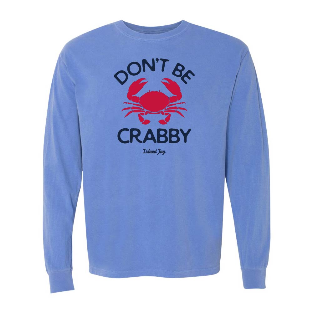 Blue long sleeve with red crab graphic and text reading "Don't Be Crabby".