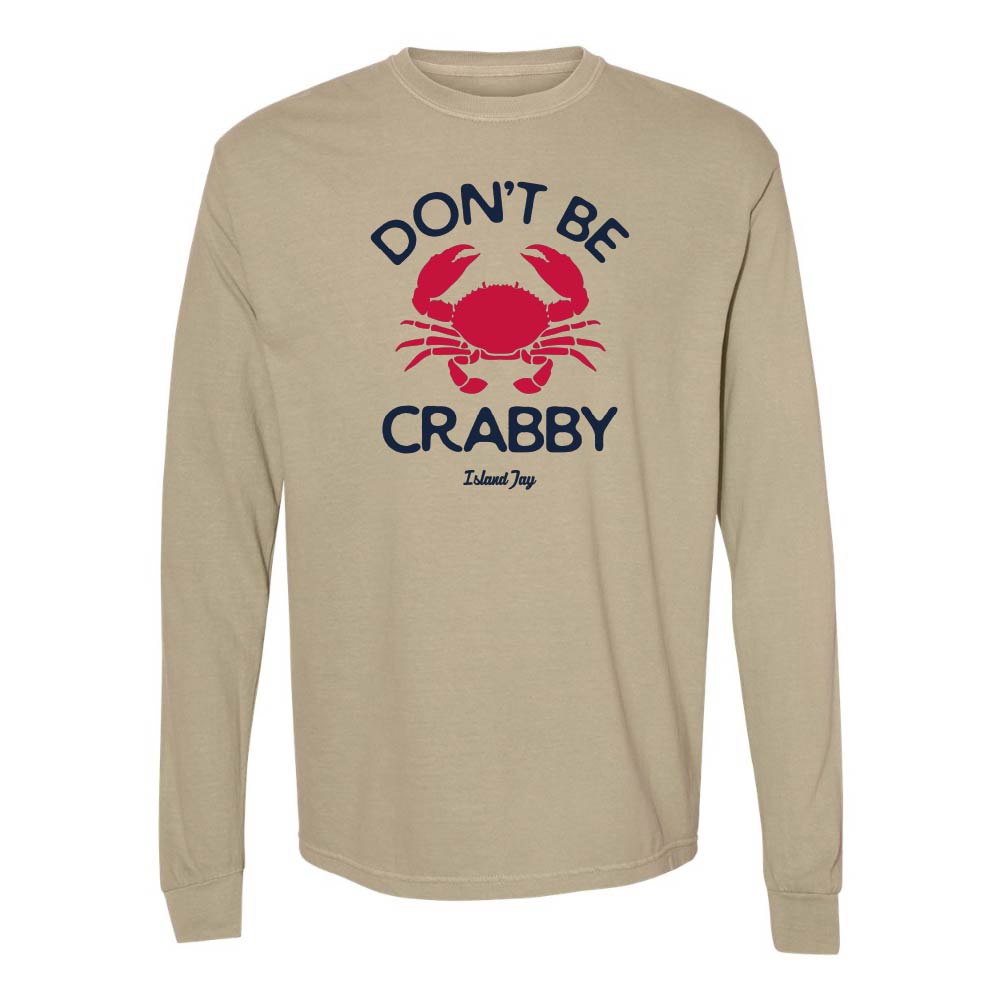 Khaki long sleeve with red crab graphic and text reading "Don't Be Crabby".