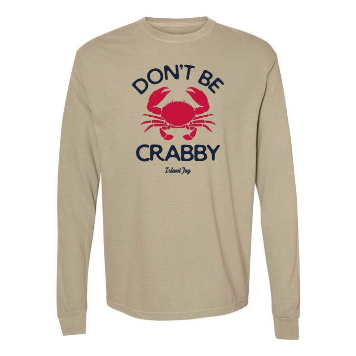 Khaki long sleeve with red crab graphic and text reading "Don't Be Crabby".