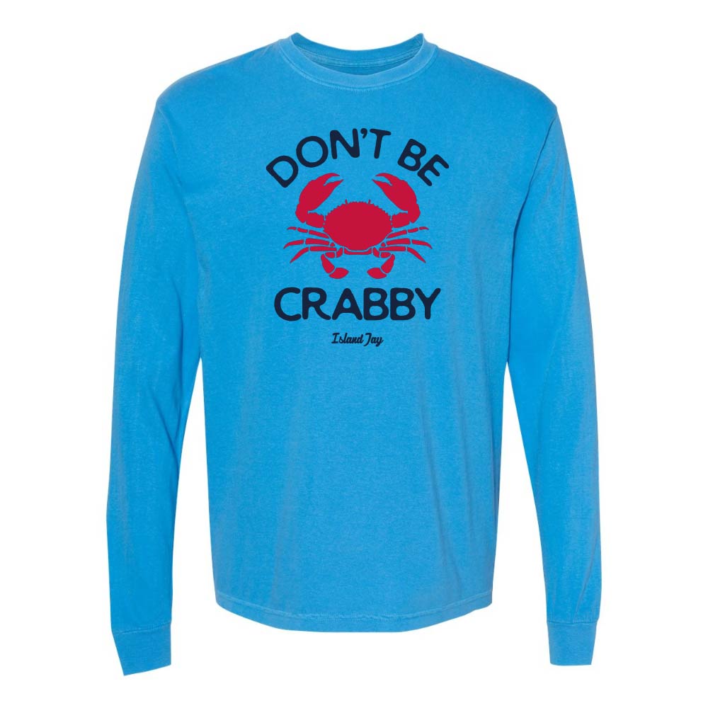 Blue long sleeve with red crab graphic and text reading "Don't Be Crabby".