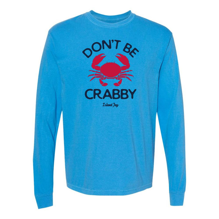 Blue long sleeve with red crab graphic and text reading "Don't Be Crabby".