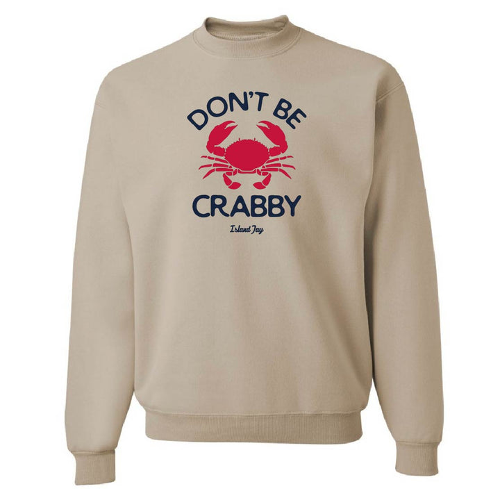 Beige sweatshirt with red crab and text design on a white background