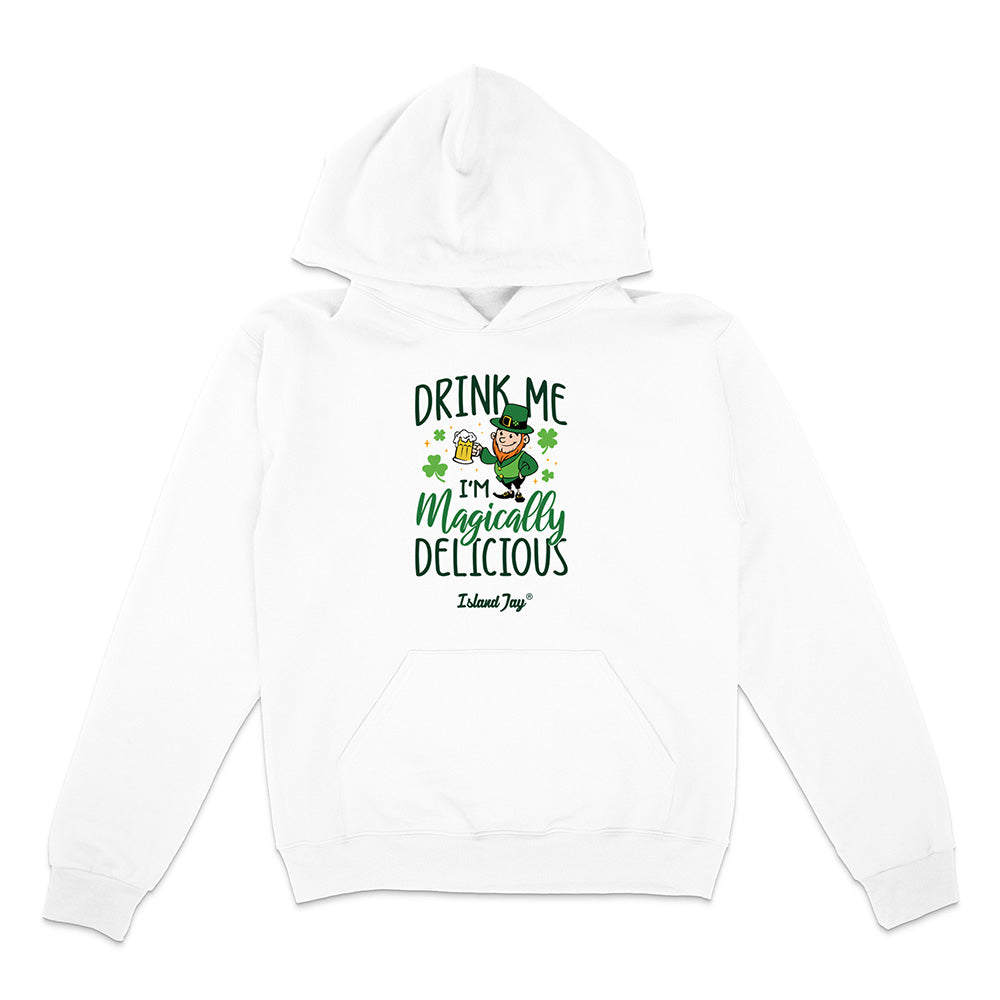 White hoodie with a graphic design featuring text and a character on a white background