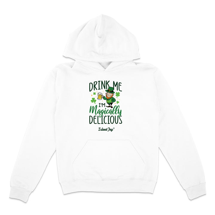 White hoodie with a graphic design featuring text and a character on a white background