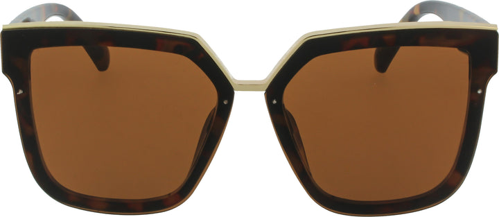 Sunglasses with tortoiseshell frame and brown lenses on a white background