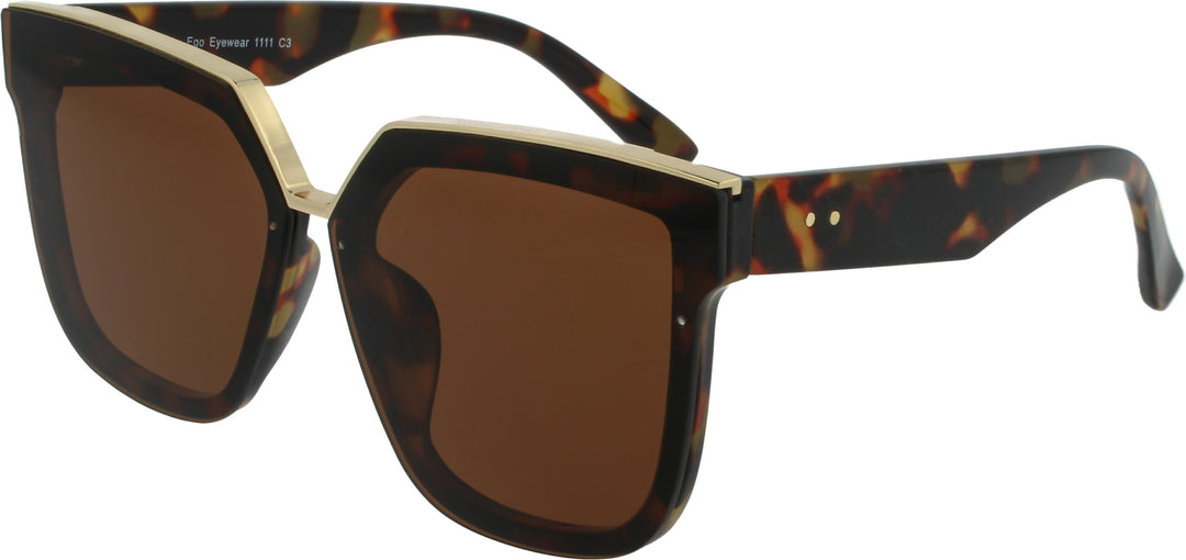Sunglasses with tortoiseshell frame and brown lenses on a white background