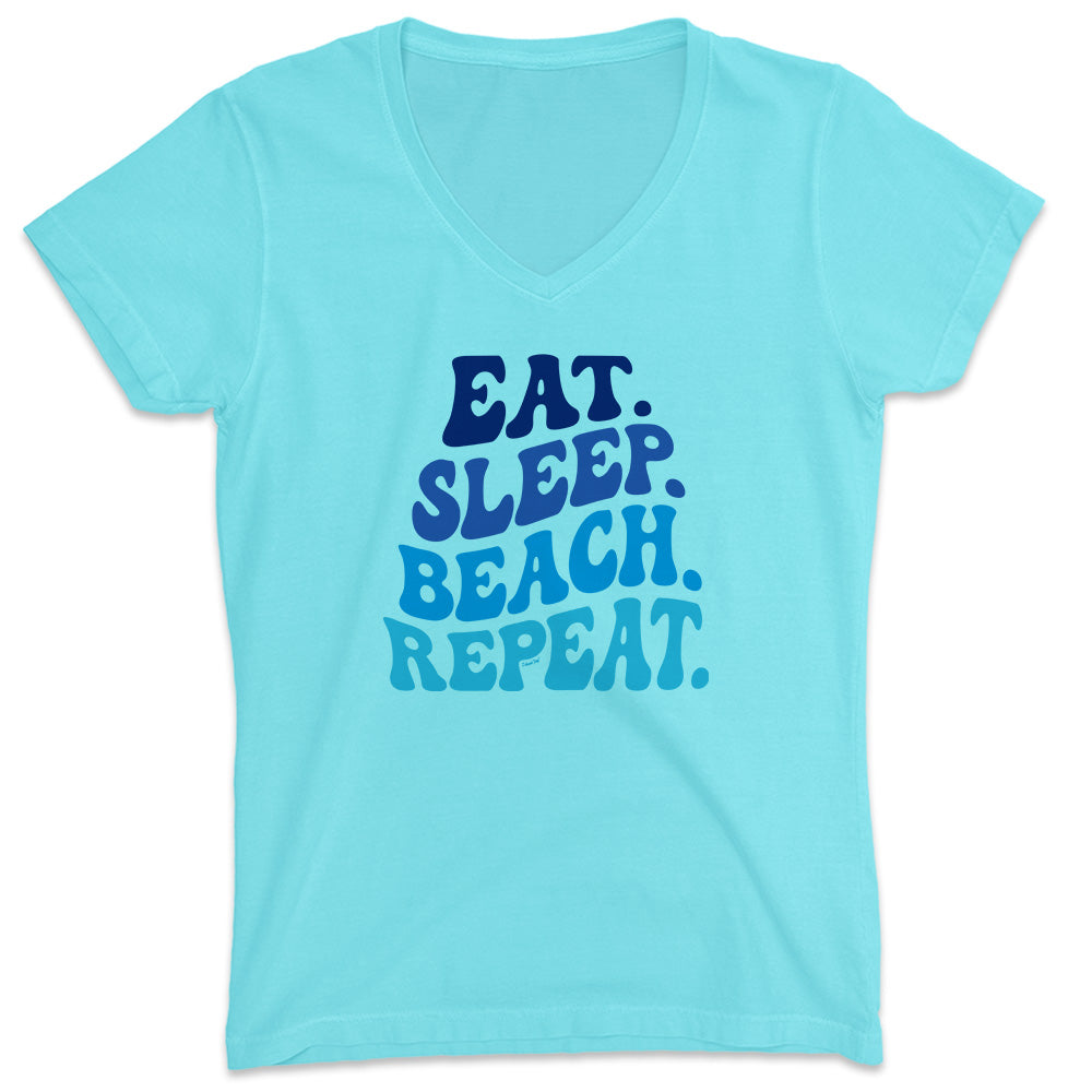 Women's Eat. Sleep. Beach. Repeat V-Neck T-Shirt Aqua