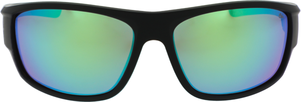 Black-framed sunglasses with green-tinted lenses on a white background