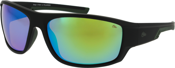 Black sunglasses with colorful lenses on a white background