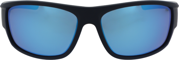 Black sunglasses with blue reflective lenses on a white background
