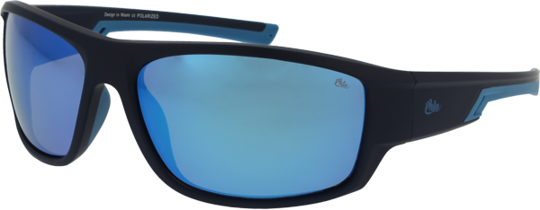 Black sunglasses with blue lenses on a white background
