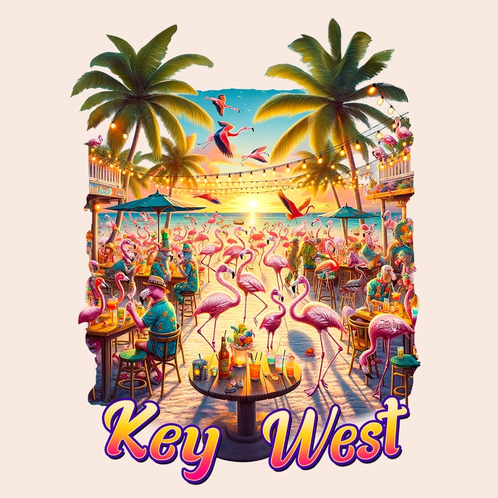 Key West Flamingo Party T-Shirt Natural Closeup