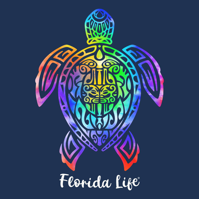 A closeup of our Florida Life Tribal Turtle Design. Women's Florida Life Tribal Turtle Racerback Tank Top. The turtle design is bright and filled with a rainbow of colors. 