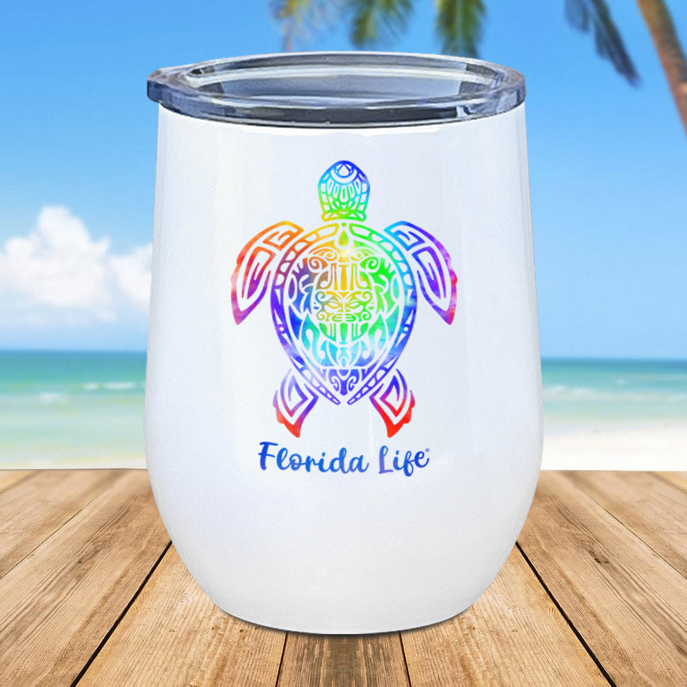 Florida Life Tribal Turtle 12oz Tumbler. Insulated to help keep your drinks colder. Features vivid tribal print with FLORIDA LIFE printed on it.