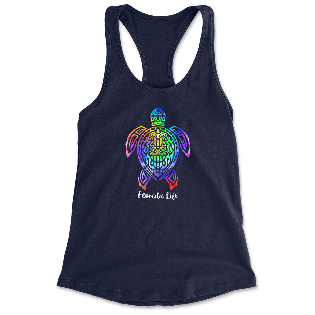 Women's Florida Life Tribal Turtle Racerback Tank Top. The turtle design is bright and filled with a rainbow of colors. 