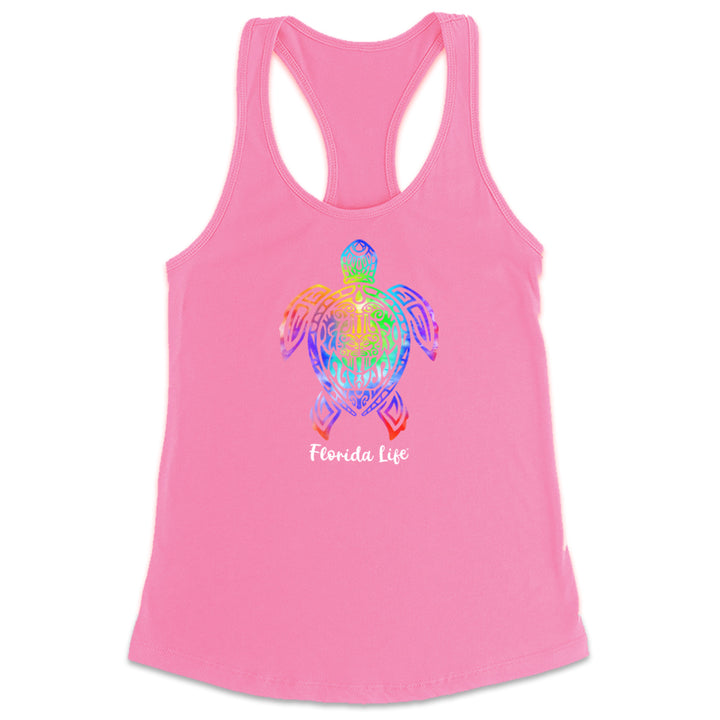 Women's Florida Life Tribal Turtle Racerback Tank Top. The turtle design is bright and filled with a rainbow of colors.  Pink