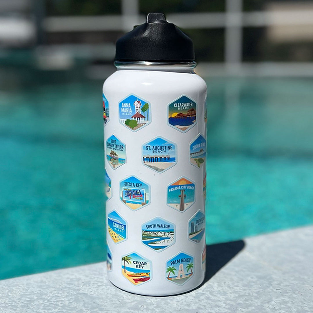 Florida Beach Towns Water Bottle With Stickers Showing Popular Beach Towns